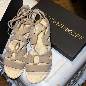 Rebecca minkoff suede taupe strap up sandles